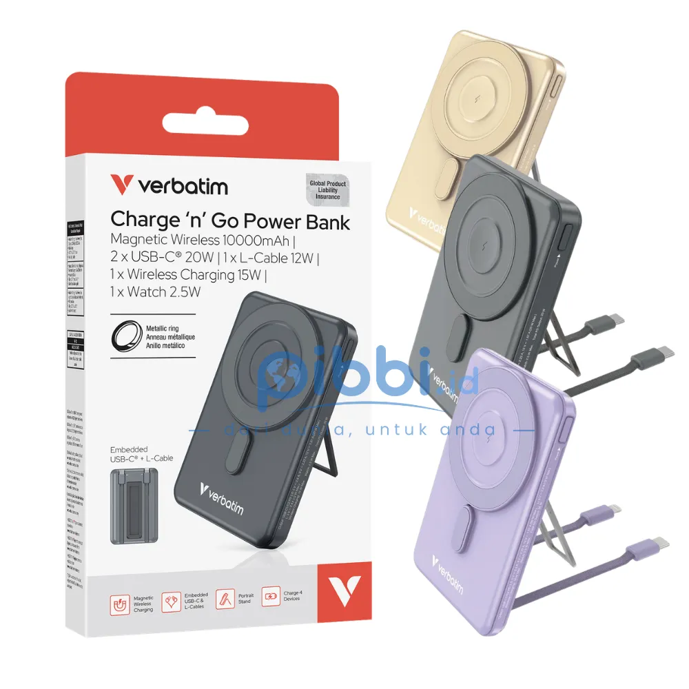 Verbatim Charge & Go PowerBank Wireless Magnetic 10.000 mAh 5 IN 1 | WITH WATCH CHARGER & STAND (Gold)
