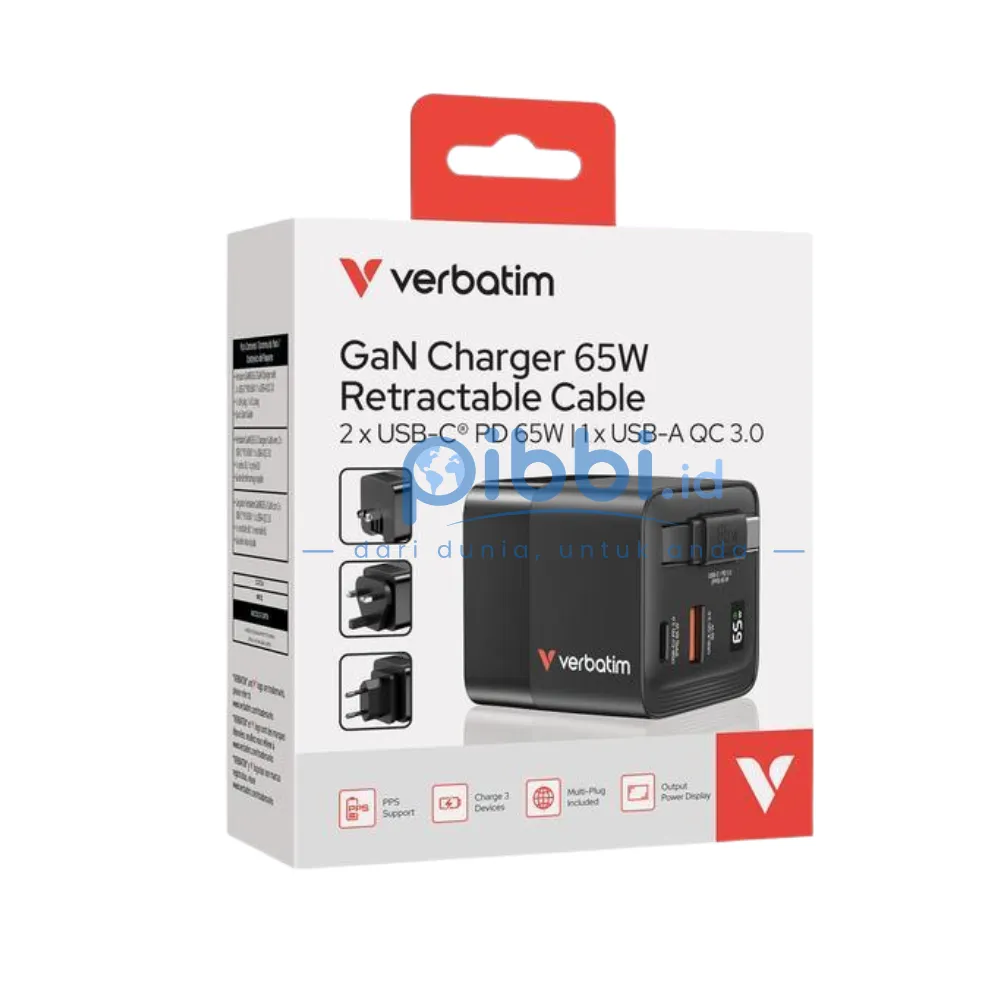 VERBATIM TRAVEL CHARGER 65W GaN  WITH TRAVEL ADAPTER & RETRACTABLE TYPE C CABLE - 2xUSB C 65W - 1xUSB A 60W - BLACK