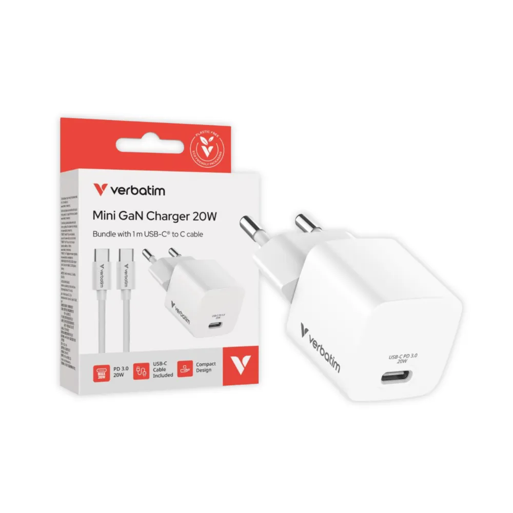 Verbatim Wall Charger Mini Gan 20W with USB C to C Cable 1m
